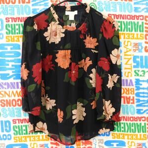 Monteau Los Angeles Floral Blouse Top Womens Size M Black Red